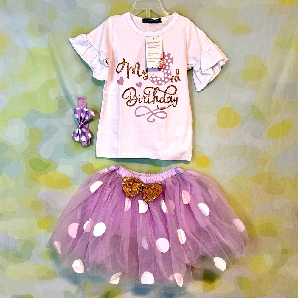 NWT Girls Size 3 Purple and White 3rd Birthday tutu skirt Set